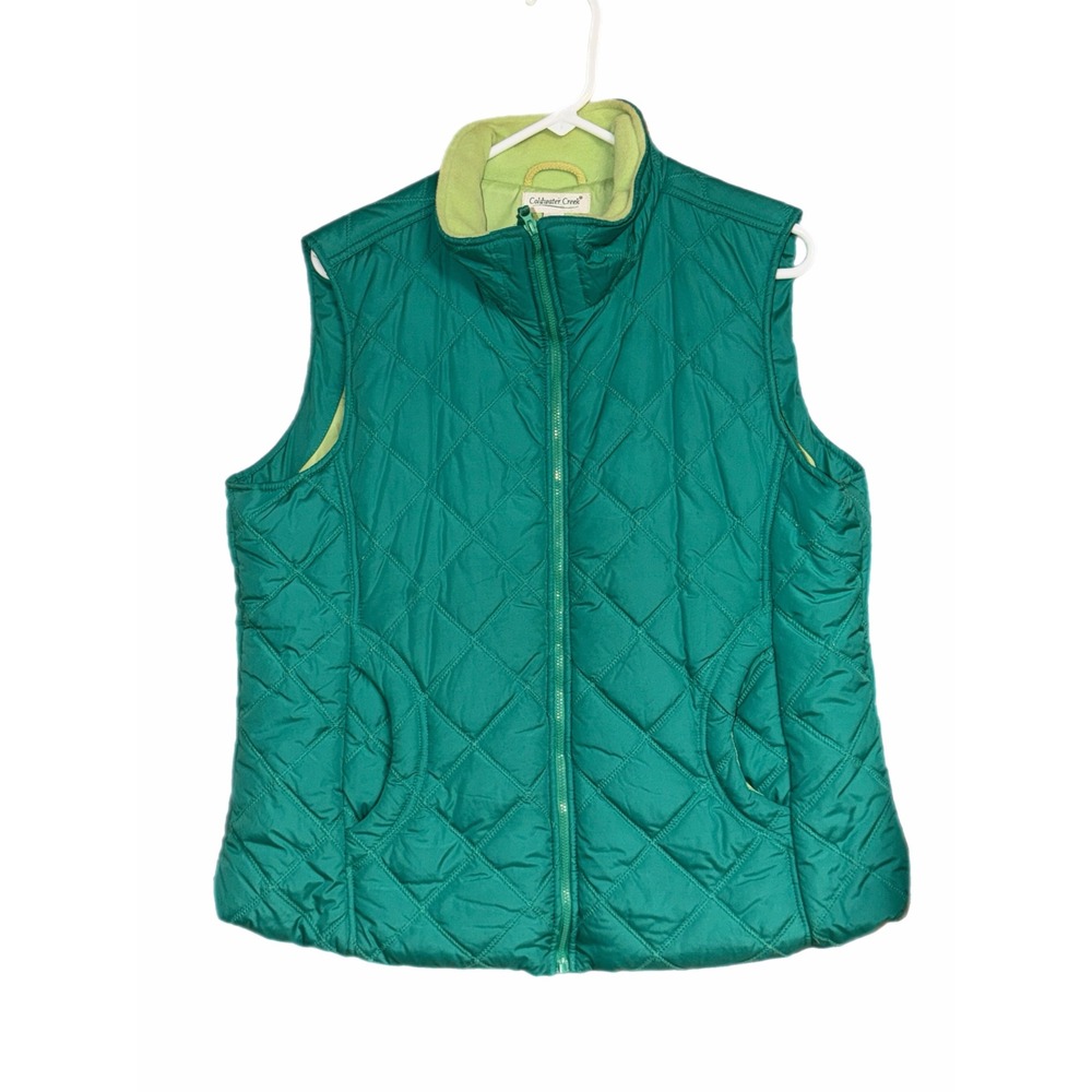 Coldwater Creek Teal Green Quilted Zip Up Vest Lime Fleece Lining XL H28571